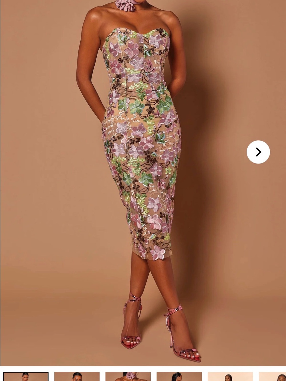 Strapless Floral Embroidered Midi Dress in Nude and Lilac